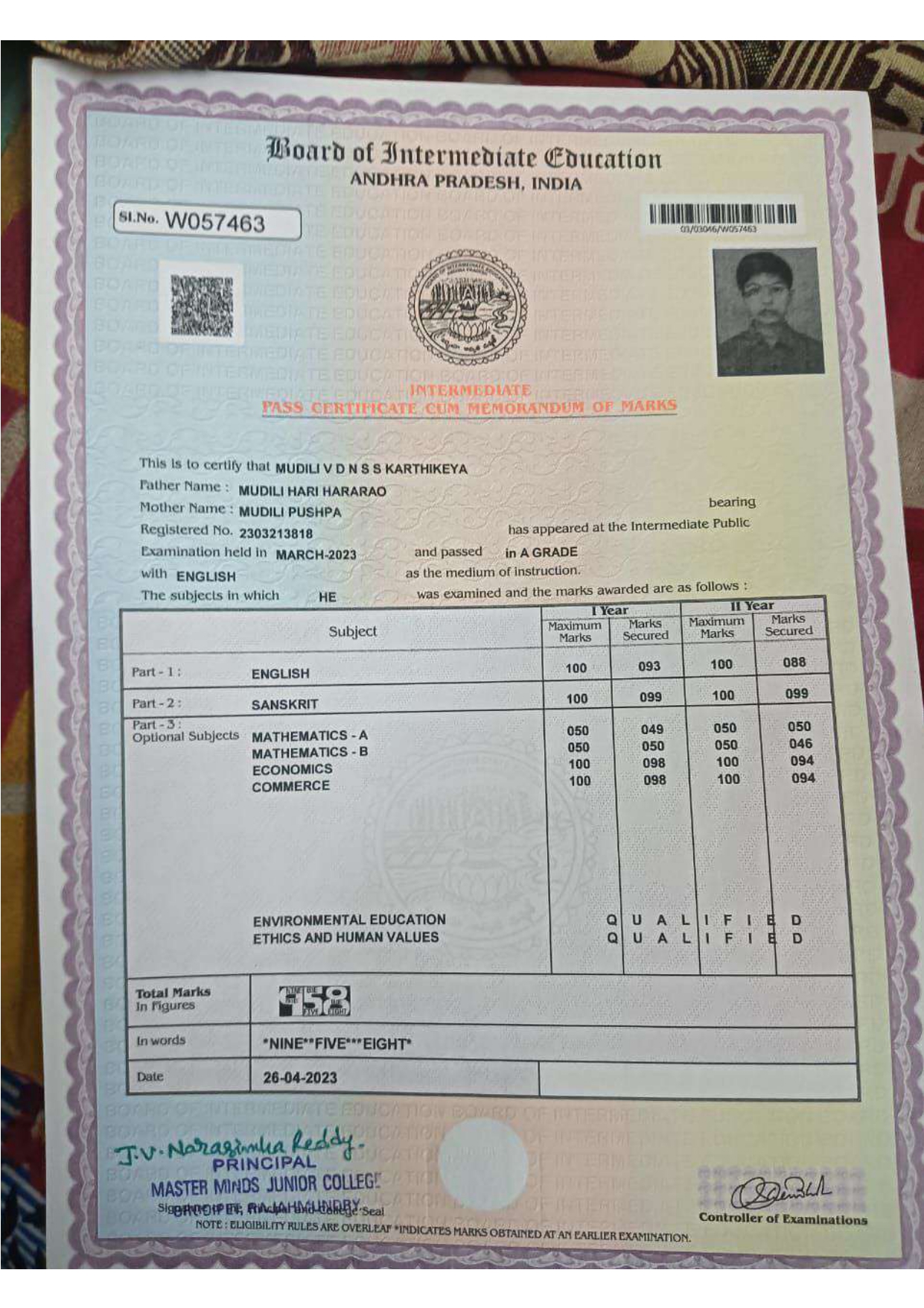 Andhra Pradesh State Board Topper Certificate